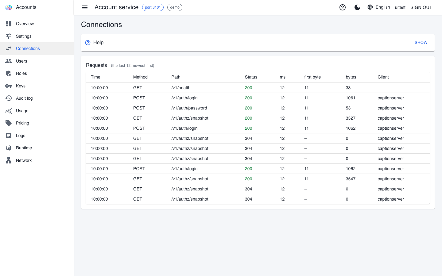 The account service's Connections page with the caption service's sign-in and snapshot requests