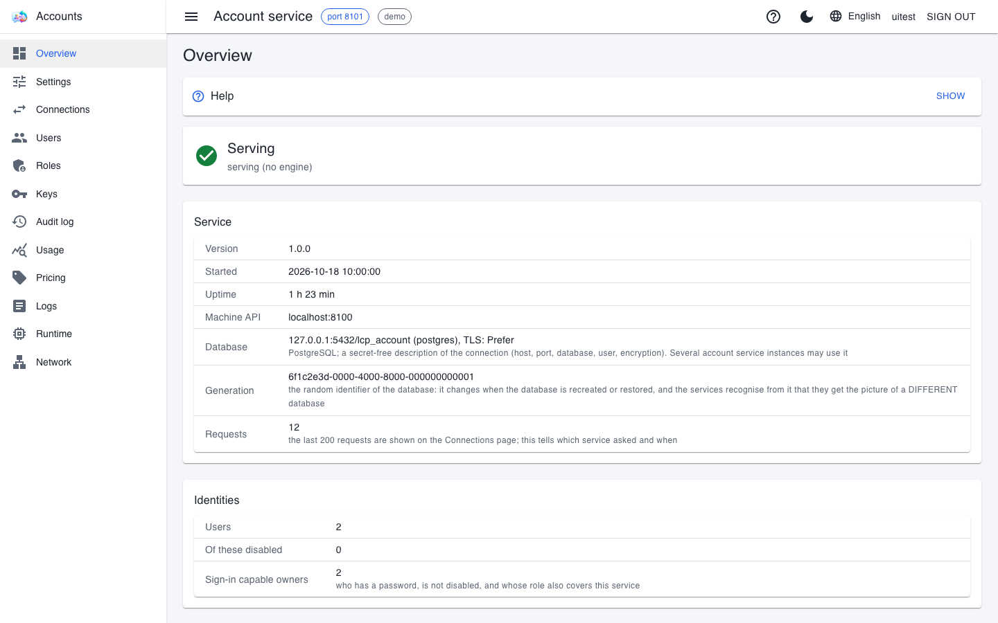 The account service's Overview page with the Serving status and the Service and Identities cards