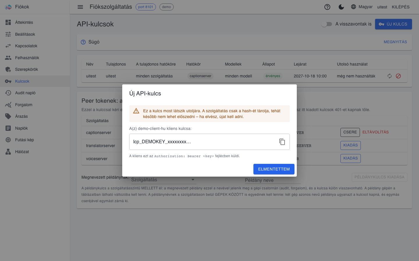 Az elkészült kulcs egyszeri megjelenítése figyelmeztetéssel és másológombbal