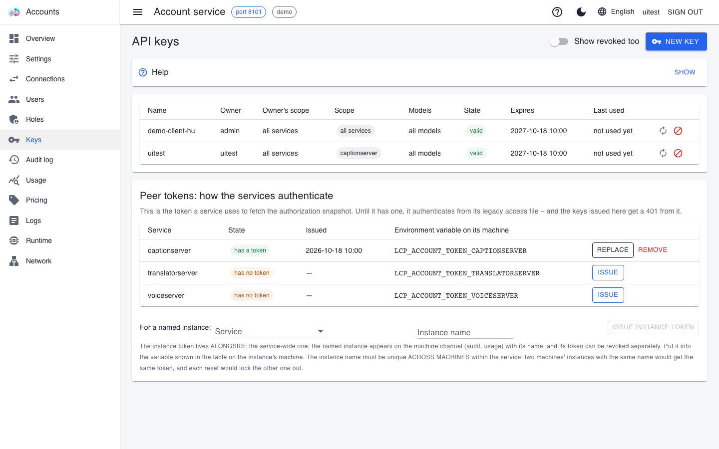 The API keys page with one key and the three services' peer tokens below