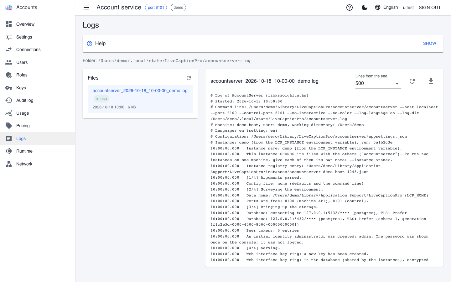 The account service's Logs page: start-up lines with the database connection and the initial administrator