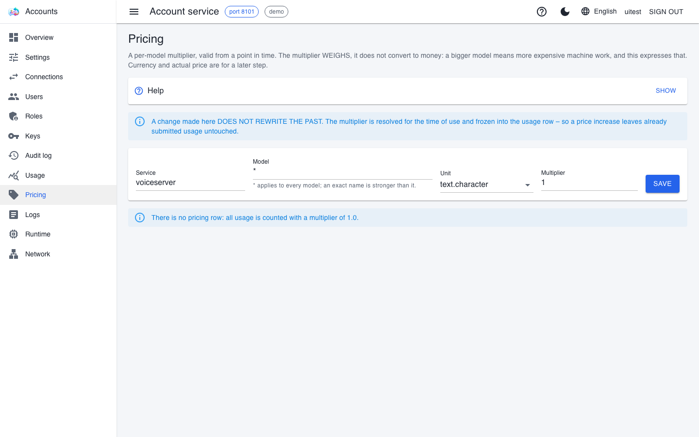 The Pricing page with a new-row form: service, model, unit, multiplier and Save button