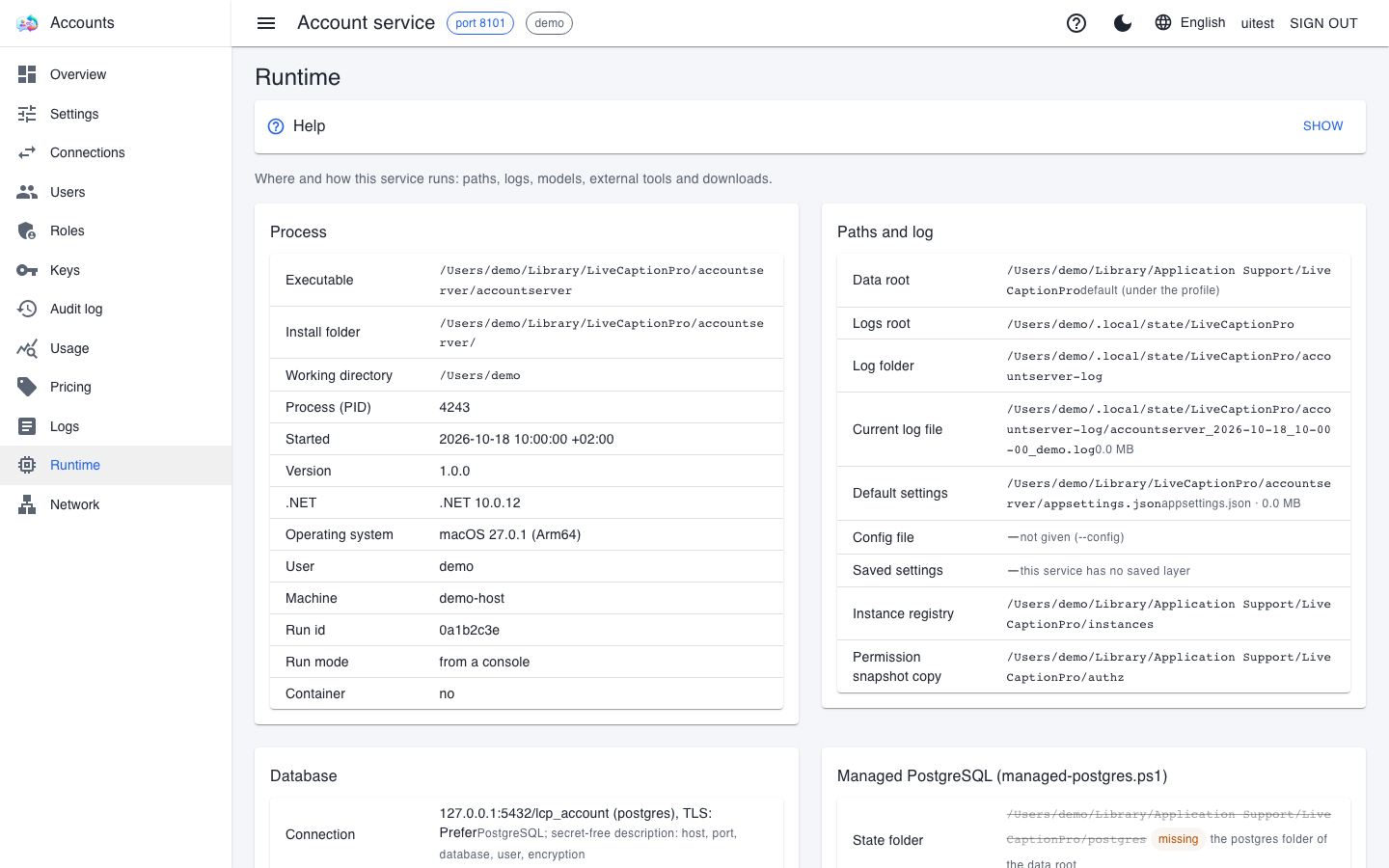 The Runtime page with the process details, the paths and the log