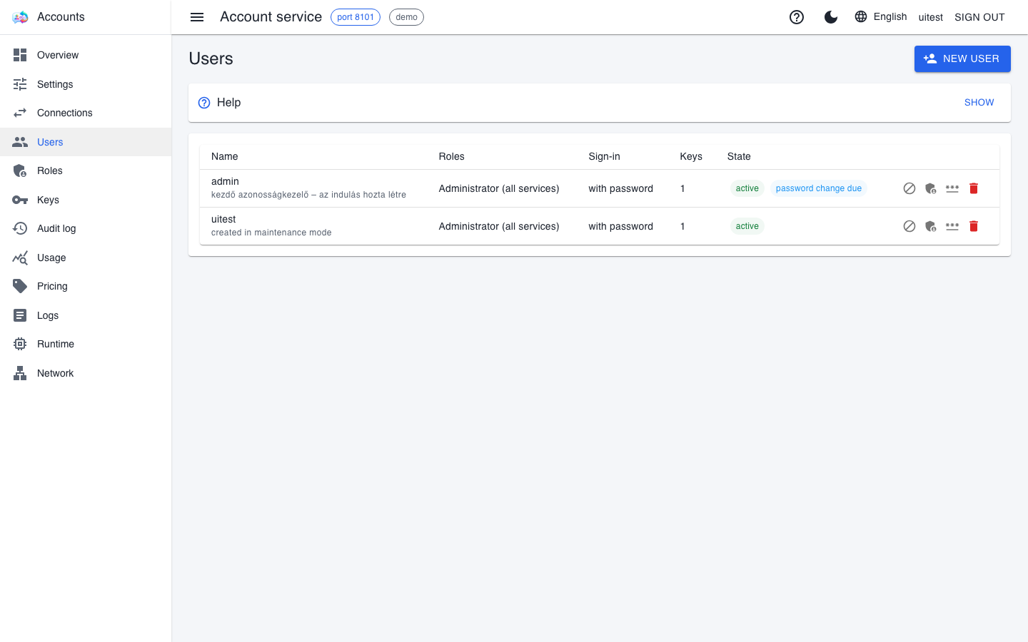 The Users page with two users, their roles, sign-in method and state