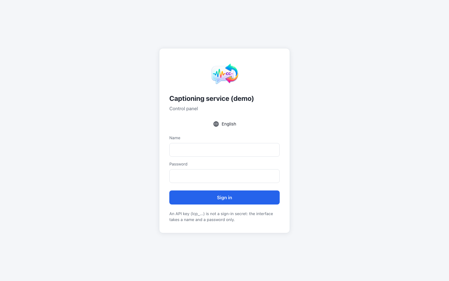 The web interface's sign-in page with the Name and Password fields and the Sign in button