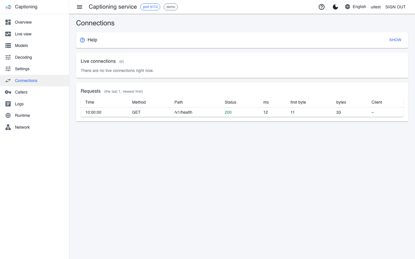 The Connections page: the Live connections box is empty, the Requests table has one row