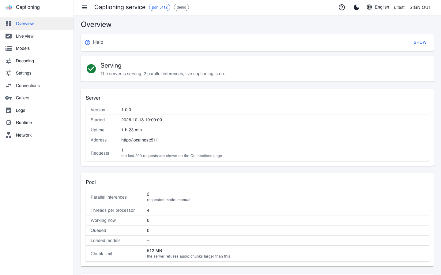 The Overview page of the caption service's web console: the Serving state, with the Server and Pool boxes below