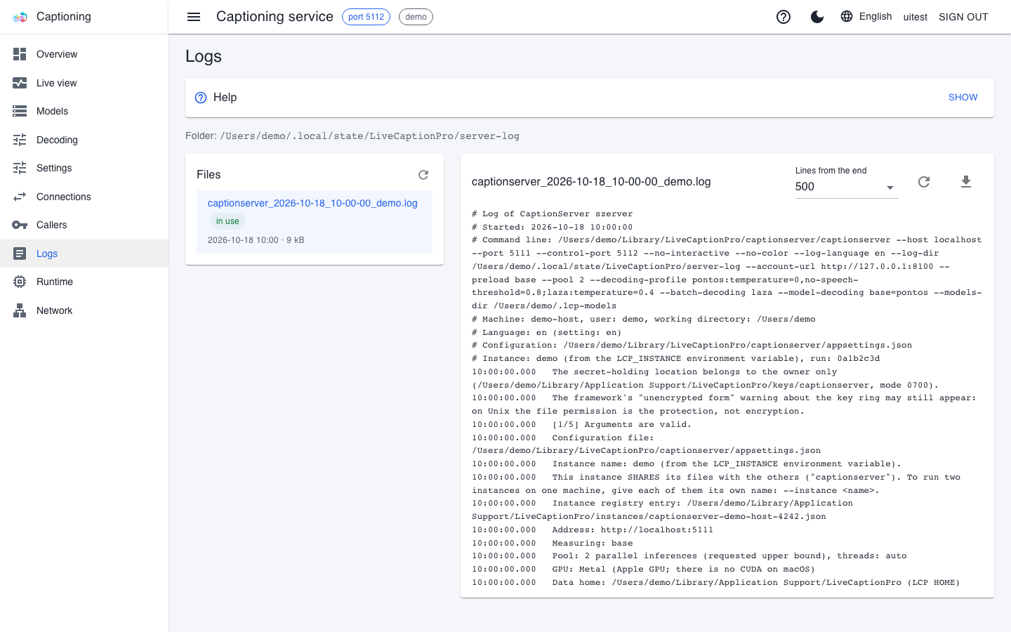 The Logs page: the Files list on the left, the last lines of the selected log file on the right