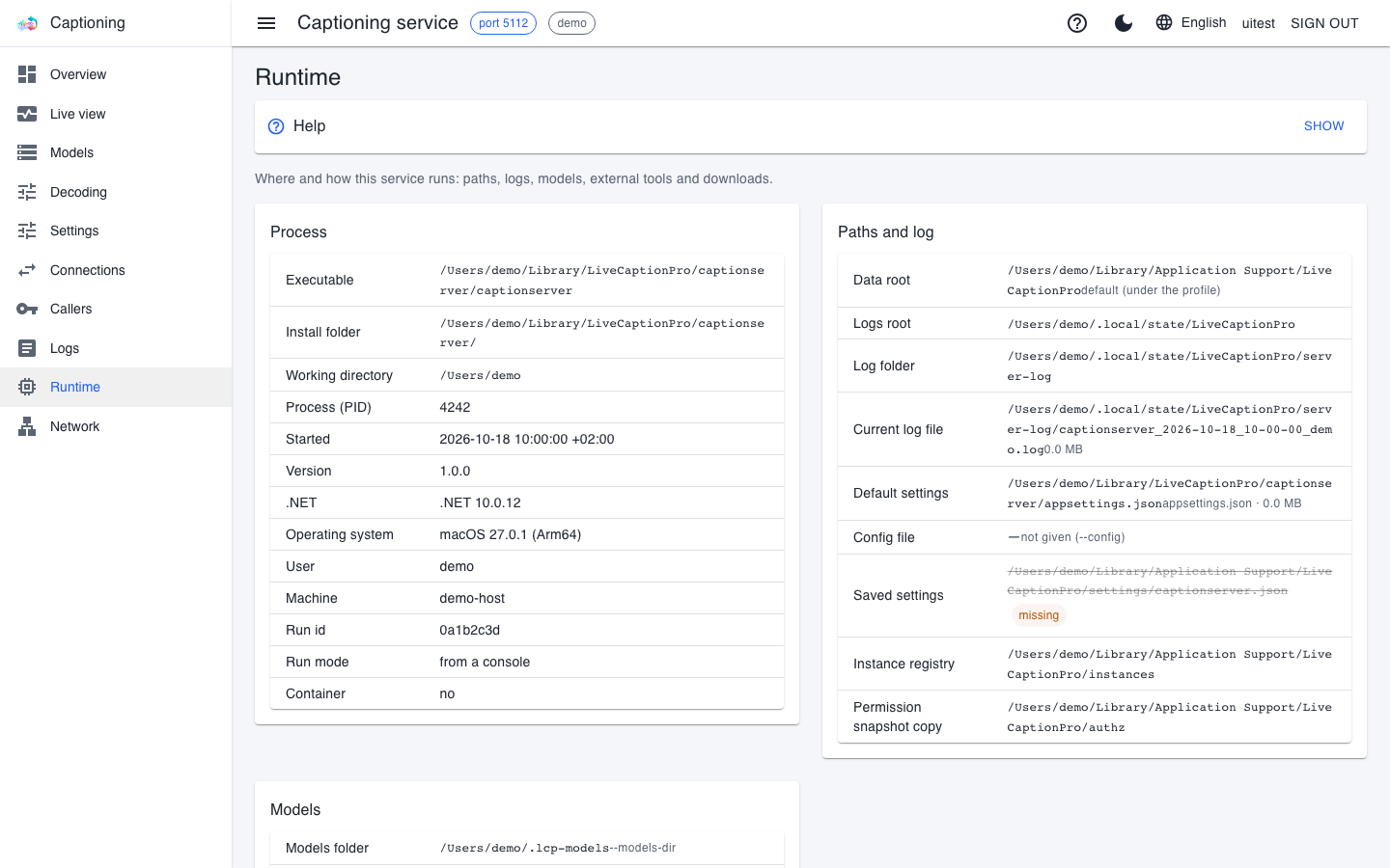 The Runtime page: the Process box on the left, the Paths and log box on the right