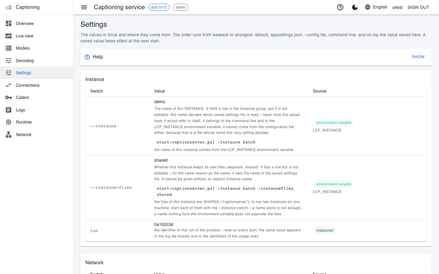 The Settings page: the rows of the Instance group with the Switch, Value and Source columns