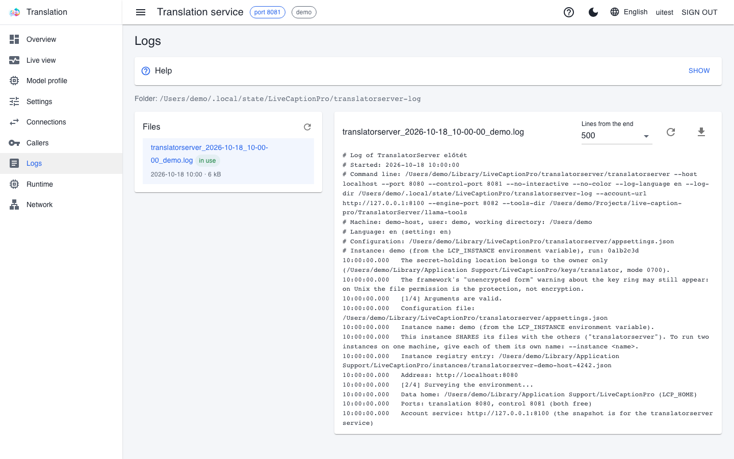 The translator's Logs page with the file list and the end of the selected log