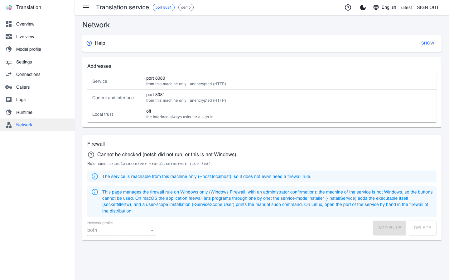 The translator's Network page with the addresses, local trust and the firewall box