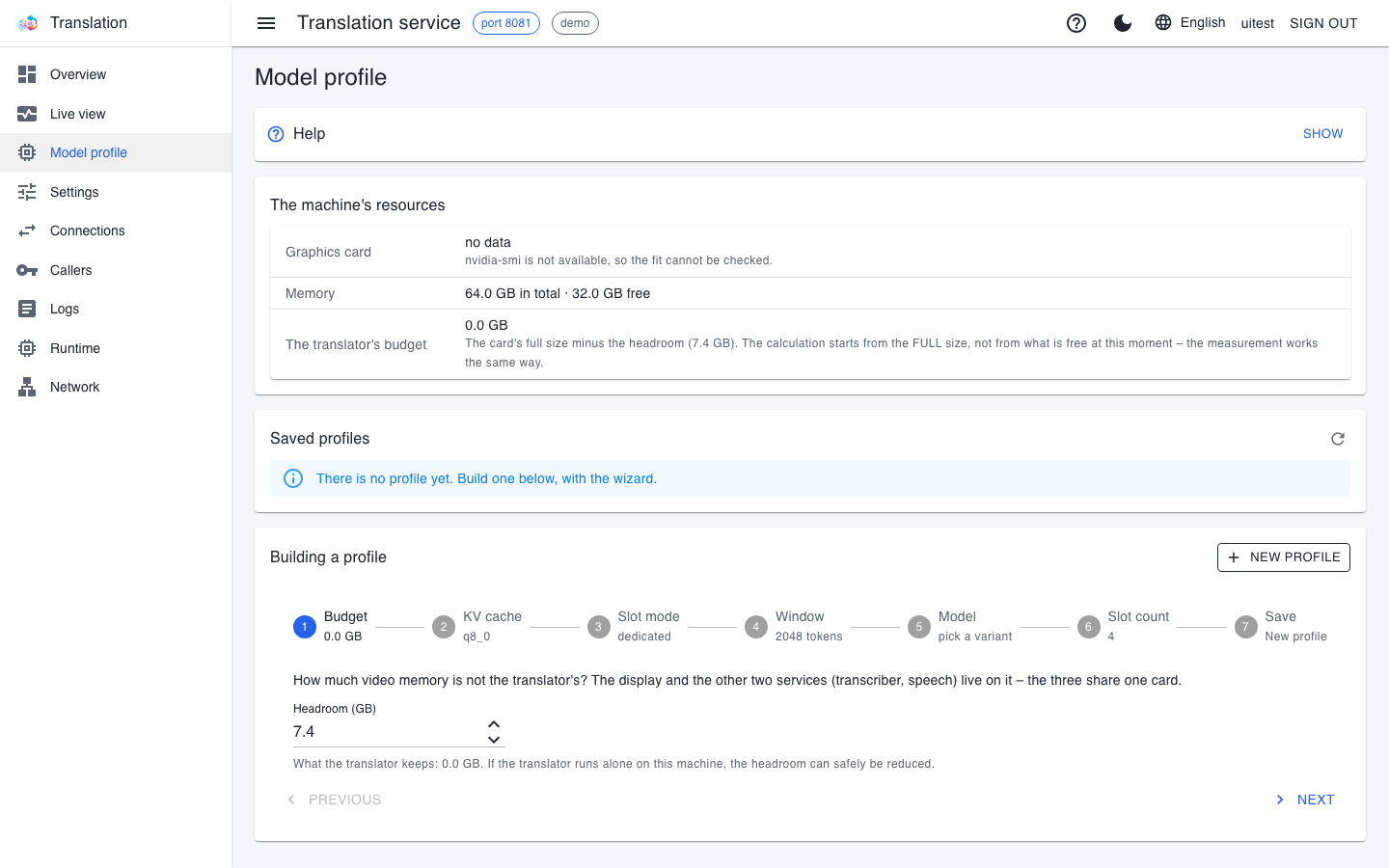 The Model profile page: The machine's resources, Saved profiles and the Building a profile wizard
