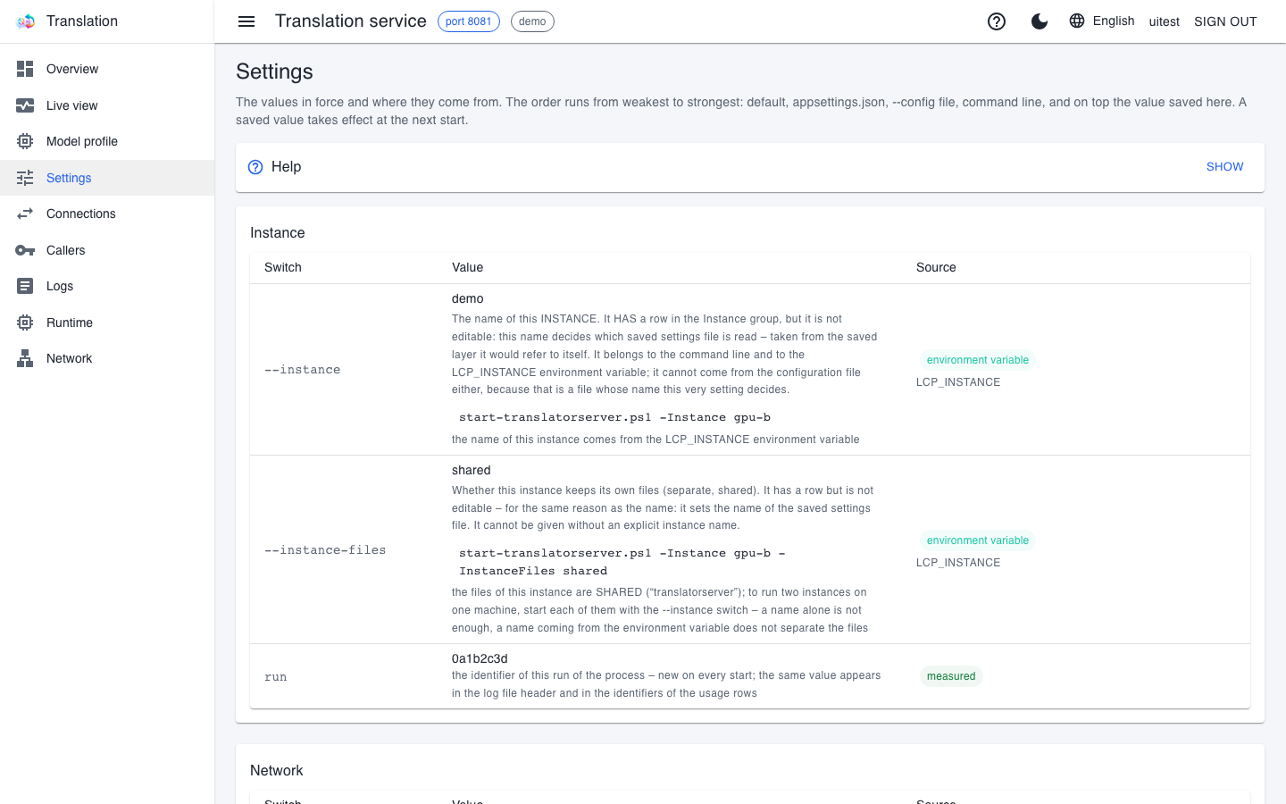 The translator's Settings page with the Instance and Network groups