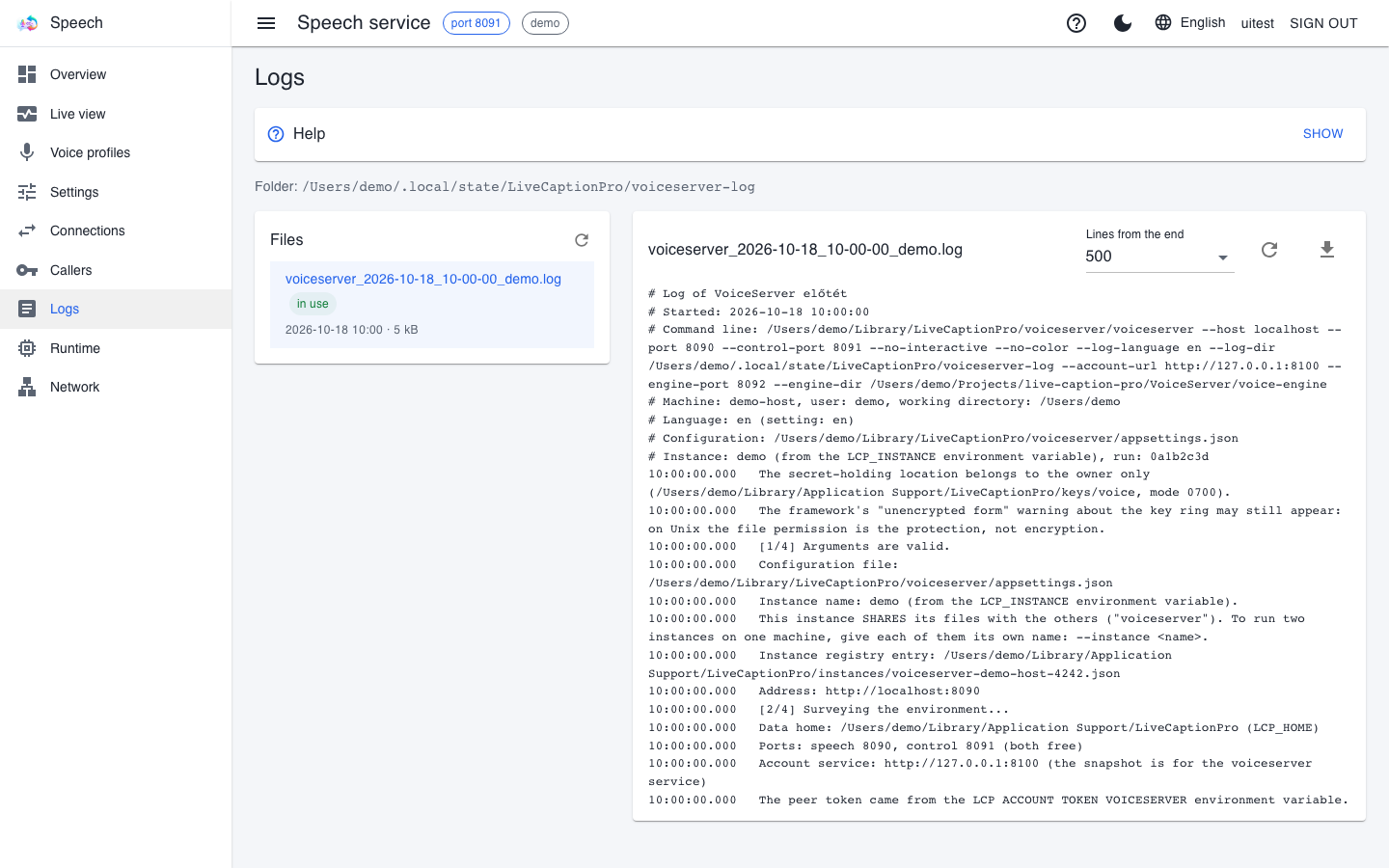 The voice service's Logs page showing the start-up lines