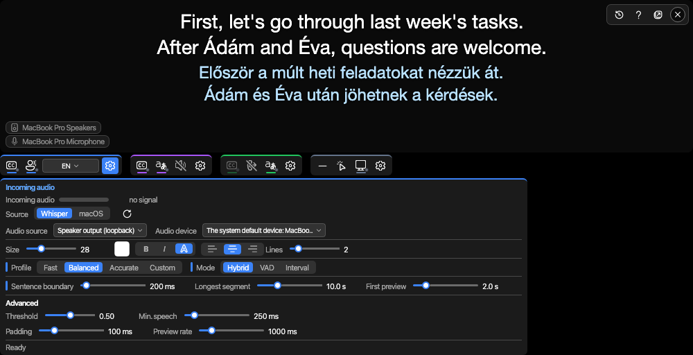 The Incoming audio panel with the profile, the mode, the three timings and the advanced values