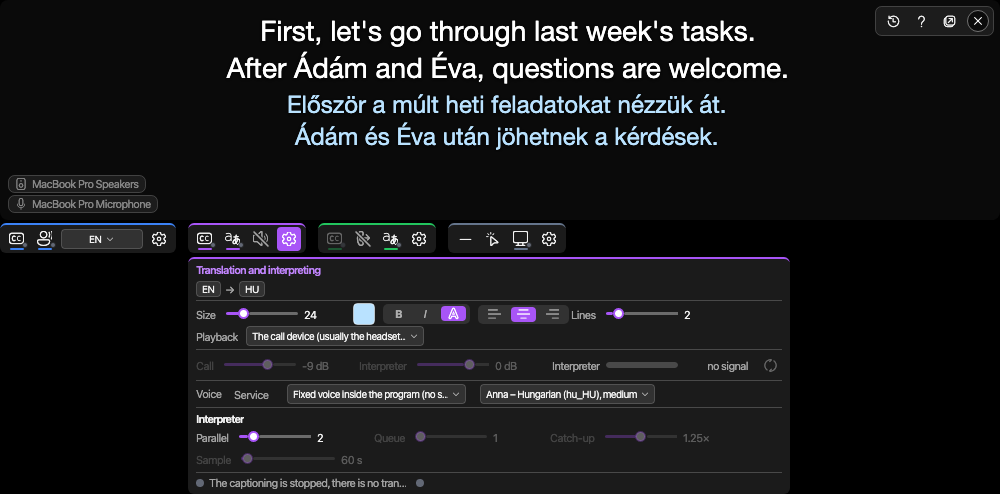 The caption window with captions and their translation, and below it the Translation and interpreting panel with the language pair, the playback device and the voice choice