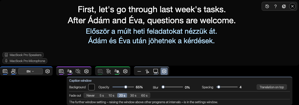 The Caption window settings panel with the background, the opacity and the fade-out